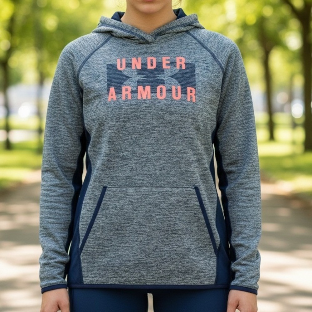 Under Armour Womens ColdGear Hoodie Grey Navy Space Dye Pullover Loose Fit MD